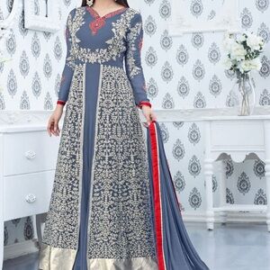 NWOT Steel Blue Gray and Red Embroidered Womens Gown Salwar Kameez Small 34